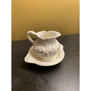 Vintage Lefton China 3D Floral Pitcher Basin Bisque Mini Porcelain 3.0” Japan‎